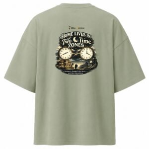Filliaxmius Home Lives in Two Time Zones Oversized T-Shirt Back Print - Sage Green